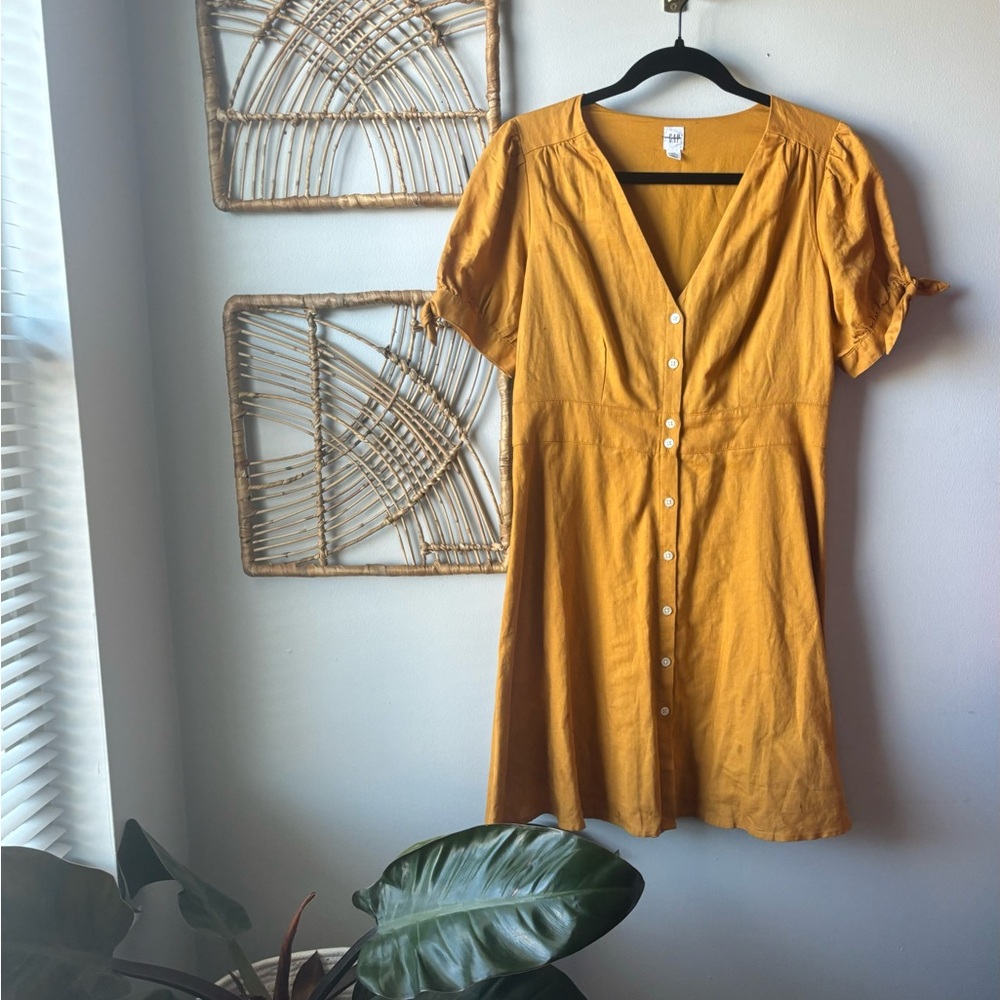 Gap Mustard Button-Down A-Line Dress with Tie Sleeves size 10petite